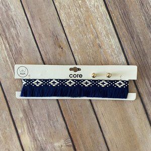 New Core Women's Navy Blue Fringed Choker Necklace & Earring Set Tribal Pattern